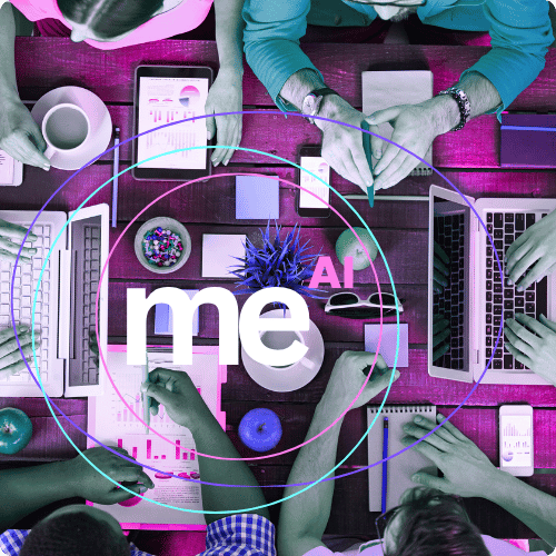 Overhead branded image of people working around a table with laptops and notes, overlaid with “me” and “AI” to show how AI enters individual work.