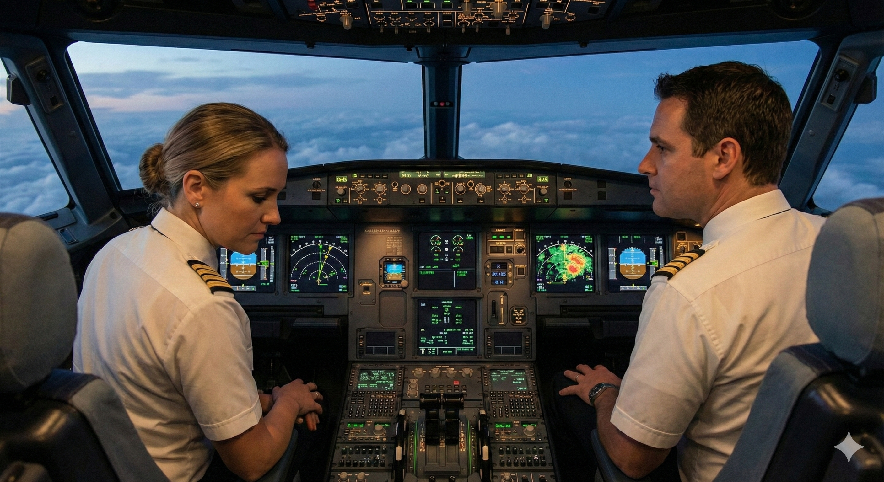 Two pilots in a cockpit monitoring automated systems, representing the new requirements of modern leadership.