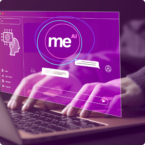 Futuristic digital interface overlaid on a person typing on a laptop keyboard, featuring the Futurebraining 'me^AI' logo. The visual blends human interaction with AI-driven tools, symbolizing practical collaboration between people and machines