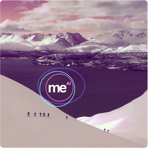 Group of people hiking up a snowy mountain slope with the Futurebraining 'me^AI' logo overlaid. In the background, snow-covered peaks and a deep fjord under a pinkish sky evoke contrast between nature and advanced technology.