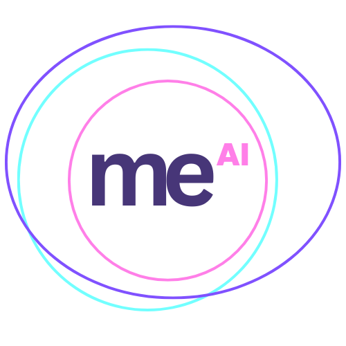 Futurebraining me^AI logo – overlapping circles representing human-AI integration, with 'me' in bold and 'AI' in pink.